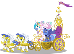 Size: 1000x730 | Tagged: safe, artist:kopachris, princess celestia, princess luna, alicorn, pony, friendship is magic, armor, chariot, crown, female, flag, helmet, hoof shoes, jewelry, male, mare, regalia, royal guard, royal guard armor, royal sisters, s1 luna, siblings, simple background, sisters, smiling, spread wings, stallion, transparent background, vector, wings