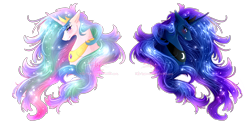 Size: 5000x2500 | Tagged: safe, artist:cynicalsonata, princess celestia, princess luna, alicorn, pony, absurd resolution, bust, crown, duo, ear fluff, female, jewelry, mare, peytral, portrait, regalia, royal sisters, siblings, simple background, sisters, transparent background