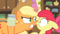 Size: 1024x576 | Tagged: safe, screencap, apple bloom, applejack, earth pony, pony, the perfect pear, boomerang (tv channel), pear jam