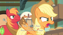 Size: 1024x576 | Tagged: safe, screencap, applejack, big macintosh, pony, the perfect pear, angry, boomerang (tv channel), credits, dirty