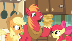 Size: 1024x576 | Tagged: safe, screencap, apple bloom, applejack, big macintosh, earth pony, pony, the perfect pear, boomerang (tv channel), food, happy, pancakes