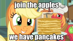 Size: 1024x576 | Tagged: safe, edit, edited screencap, screencap, applejack, big macintosh, earth pony, pony, the perfect pear, boomerang (tv channel), food, image macro, meme, pancakes