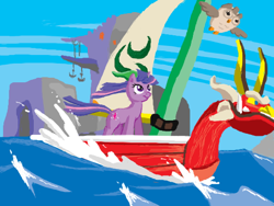 Size: 520x390 | Tagged: safe, artist:the-nose, derpibooru import, owlowiscious, twilight sparkle, accessory swap, boat, crossover, doodle or die, hat, island, king of red lions, link, nintendo, ocean, the legend of zelda, the legend of zelda: the wind waker, video game, water, wave