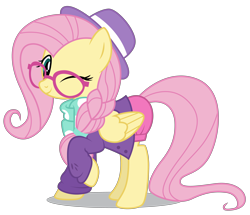 Size: 5000x4304 | Tagged: safe, artist:dragonchaser123, fluttershy, pegasus, pony, fake it 'til you make it, absurd resolution, alternate hairstyle, clothes, cute, female, glasses, hipster, hipstershy, hot pants, mare, one eye closed, shyabetes, simple background, solo, transparent background, wink