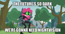 Size: 1200x627 | Tagged: safe, edit, edited screencap, screencap, pinkie pie, equestria girls, friendship games, pinkie spy (short), cat burglar, catsuit, goggles, grappling hook, image macro, meme, night vision goggles, pinkie spy, rope, sam fisher, sneak 100, splinter cell, stealth, stealth suit