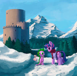 Size: 915x900 | Tagged: safe, artist:maggwai, derpibooru import, spike, twilight sparkle, dragon, bindle, castle, clothes, mountain, pine tree, plot, saddle bag, snow, sweater, tower, travelling, tree, winter