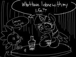 Size: 520x390 | Tagged: safe, artist:mcconnact, derpibooru import, spike, twilight sparkle, twilight sparkle (alicorn), alicorn, dragon, pony, doodle or die, drinking, female, mare, monochrome, scotch