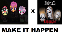 Size: 1017x556 | Tagged: safe, apple bloom, scootaloo, sweetie belle, all caps, crossover, detroit metal city, exploitable meme, make it happen, meme, meta