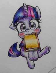 Size: 744x960 | Tagged: safe, artist:cappuccino, derpibooru import, twilight sparkle, book, mouth hold, solo, that pony sure does love books, traditional art