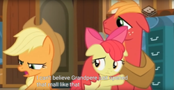 Size: 1860x970 | Tagged: safe, screencap, apple bloom, applejack, big macintosh, earth pony, pony, the perfect pear, floppy ears, meme, youtube caption