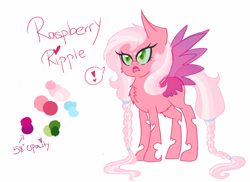 Size: 1095x798 | Tagged: safe, artist:citrusskittles, oc, oc only, oc:raspberry ripple, changeling, changepony, hybrid, pegasus, pony, color palette, female, interspecies offspring, magical lesbian spawn, offspring, parent:oc:fluffle puff, parent:queen chrysalis, parents:canon x oc, parents:chrysipuff, pink changeling, simple background, solo, white background
