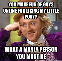 Size: 308x306 | Tagged: safe, human, all caps, condescending wonka, image macro, impact font, irl, meme, meta, photo