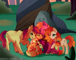 Size: 1024x819 | Tagged: safe, artist:hikariviny, apple bloom, applejack, big macintosh, bright mac, pear butter, earth pony, ghost, pony, the perfect pear, brightbutter, cute, family, female, filly, happy, male, mare, outdoors, shipping, smiling, spirit, stallion, straight, transparent, tree