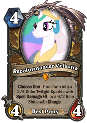 Size: 400x569 | Tagged: safe, edit, edited screencap, screencap, princess celestia, alicorn, pony, best pony, bronybait, card, hearthstone, implied rain shine, implied twilight sparkle, meta, solo, warcraft