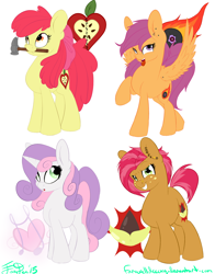 Size: 1522x1946 | Tagged: safe, artist:farewelldecency, apple bloom, babs seed, scootaloo, sweetie belle, earth pony, pegasus, pony, unicorn, alternate cutie mark, blank flank, cutie mark crusaders, ear piercing, earring, hammer, jewelry, mouth hold, older, one hoof raised, piercing, simple background, tongue piercing, white background, wing piercing