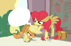 Size: 1664x1080 | Tagged: safe, artist:soshyqqq, applejack, strawberry sunrise, earth pony, pony, honest apple, abuse, angry, apple, crying, food, jackabuse, meme template, strawberry savage, tears of rage, tied up