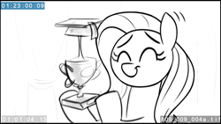 Size: 1920x1080 | Tagged: safe, screencap, fluttershy, pegasus, pony, non-compete clause, animatic, eyes closed, female, grayscale, happy, mare, monochrome, smiling, solo, teacher of the month, trophy