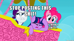 Size: 610x343 | Tagged: safe, derpibooru import, screencap, pinkie pie, rarity, twilight sparkle, earth pony, pony, unicorn, caption, hot air balloon, image macro, reaction image, vulgar