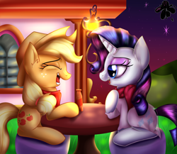 Size: 3000x2600 | Tagged: safe, artist:katakiuchi4u, applejack, rarity, earth pony, pony, unicorn, cowboy hat, eyes closed, female, freckles, hat, lesbian, mare, open mouth, rarijack, shipping, sitting, stetson, table