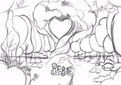 Size: 5508x3908 | Tagged: safe, artist:jorge123esp, apple bloom, applejack, big macintosh, grand pear, granny smith, earth pony, pony, the perfect pear, absurd resolution, apple family, apple tree, digital art, food, grayscale, intertwined trees, monochrome, pear, pear tree, scene interpretation, sketch, tree, wip