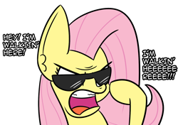 Size: 1492x1053 | Tagged: safe, artist:artiks, fluttershy, pegasus, pony, dialogue, female, midnight cowboy, simple background, solo, sunglasses, white background