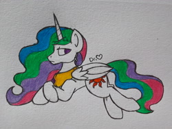 Size: 2576x1932 | Tagged: safe, artist:drheartdoodles, princess celestia, alicorn, pony, female, folded wings, frown, jewelry, mare, multicolored mane, peytral, rainbow hair, solo, traditional art