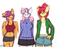Size: 2500x2000 | Tagged: safe, artist:silverfox057, apple bloom, scootaloo, sweetie belle, anthro, earth pony, pegasus, unicorn, ask, ask nerdy scootaloo, belly button, blushing, bow, breasts, clothes, colored sketch, cute, cutie mark crusaders, hair bow, looking at you, midriff, necklace, older, shirt, shorts, simple background, sketch, skirt, sweater, tumblr, white background