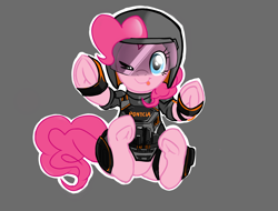 Size: 4096x3112 | Tagged: safe, artist:theprince, pinkie pie, earth pony, pony, female, frog (hoof), looking at you, mira, one eye closed, rainbow six siege, riot gear, simple background, solo, tongue out, underhoof, wink