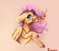 Size: 3208x2799 | Tagged: safe, artist:miokomata, fluttershy, pegasus, pony, blushing, colored hooves, female, floppy ears, food, freckles, freckleshy, mare, meat, mouth hold, pepperoni, pepperoni pizza, pizza, ponies eating meat, signature, simple background, solo