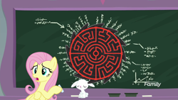 Size: 1920x1080 | Tagged: safe, edit, edited screencap, screencap, angel bunny, fluttershy, pegasus, pony, school daze, 1000 years in photoshop, bionicle, chalkboard, lego