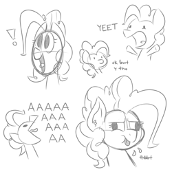 Size: 600x600 | Tagged: safe, artist:glimglam, pinkie pie, earth pony, pony, aaaaaaaaaa, grayscale, monochrome, onomatopoeia, open mouth, raspberry, raspberry noise, simple background, sketch, sketch dump, tongue out, white background