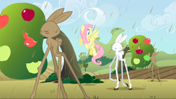 Size: 1440x811 | Tagged: safe, screencap, fluttershy, pegasus, pony, rabbit, squirrel, the return of harmony, animal, apple, apple tree, chaos, chocolate, chocolate rain, female, food, giant apple, girabbit, mare, rain, raised hoof, sweet apple acres, tree