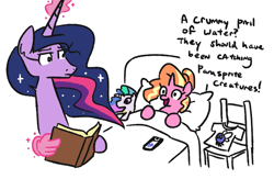 Size: 887x577 | Tagged: safe, artist:jargon scott, luster dawn, princess celestia, princess twilight 2.0, twilight sparkle, twilight sparkle (alicorn), alicorn, parasprite, pony, unicorn, the last problem, bed, blanket, boomer, boomer humor, cellphone, clothes, duo, female, mare, millennial luster dawn, older, older twilight, phone, pillow, pokémon, pokémon go, ponified meme, shirt, simple background, smartphone, white background, zoomer