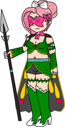 Size: 432x841 | Tagged: safe, artist:wolf, fluttershy, human, alternate costumes, alternate hairstyle, belly button, bow, cape, clothes, hairpin, humanized, leaves, mask, midriff, spear, superhero, vine, weapon