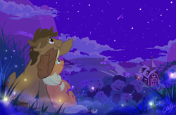 Size: 1280x839 | Tagged: safe, artist:rutkotka, applejack, oc, earth pony, pony, canon x oc, commission, female, male, night, scenery, shooting star, straight, sweet apple acres