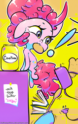 Size: 1900x3000 | Tagged: safe, artist:itsalwayspony, pinkie pie, earth pony, pony, book, bread, cookie, cookie jar, female, food, ladle, mare, note, paper, toast, toaster