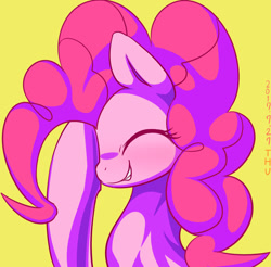 Size: 777x765 | Tagged: safe, artist:tangankittentail, pinkie pie, earth pony, pony, cute, eyes closed, face hoof, simple background, smiling, solo, yellow background