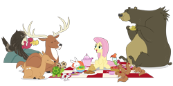 Size: 10496x5200 | Tagged: safe, artist:dragonchaser123, angel bunny, fluttershy, bear, bird, chipmunk, deer, mouse, pegasus, pony, squirrel, tortoise, absurd resolution, animal, buzzard, doe, eating, eyes closed, female, mare, picnic blanket, simple background, stag, transparent background, vector