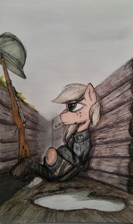 Size: 652x1091 | Tagged: safe, artist:incrediblepanzer, applejack, earth pony, pony, french, gun, poilus, rifle, sitting, trench, war, weapon, world war i