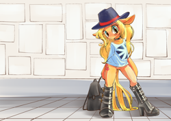 Size: 1736x1223 | Tagged: safe, artist:unousaya, applejack, earth pony, pony, semi-anthro, arm hooves, bipedal, boots, bottomless, clothes, female, hat, high heel boots, looking at you, mare, partial nudity, shirt, shoes, solo