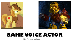 Size: 999x585 | Tagged: safe, braeburn, andrew francis, bionicle, exploitable meme, jaller, lego, meta, same voice actor