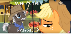 Size: 1230x692 | Tagged: safe, edit, edited screencap, screencap, applejack, burnt oak, earth pony, pony, the perfect pear, faggot, slur, vulgar