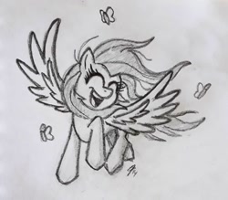 Size: 1080x944 | Tagged: safe, artist:palmartz44, fluttershy, butterfly, pegasus, pony, eyes closed, female, happy, mare, monochrome, sketch, solo, traditional art