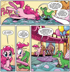 Size: 920x944 | Tagged: safe, artist:brendahickey, idw, gummy, pinkie pie, alligator, earth pony, pony, spoiler:comic, spoiler:comic63, comic, cropped, duo, female, male, mare, official comic, speech bubble