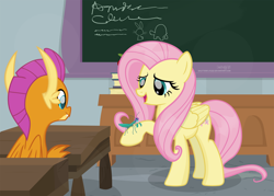 Size: 3354x2406 | Tagged: safe, artist:shutterflyeqd, fluttershy, smolder, dragon, mantis, pegasus, pony, school daze, chalkboard, cute, desk, female, mare, scene interpretation, shyabetes, smiling