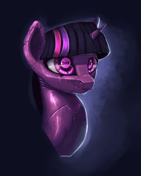 Size: 2000x2500 | Tagged: safe, artist:rain-gear, derpibooru import, twilight sparkle, pony, robot, robot pony, unicorn, bust, female, mare, portrait, smiling, solo, that pony sure does love books, twibot, twilight fuel