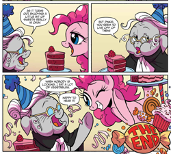 Size: 898x807 | Tagged: dead source, safe, artist:brendahickey, idw, carrie nation, pinkie pie, temperance flowerdew, earth pony, pony, spoiler:comic, spoiler:comic63, cake, candy, comic, confetti, cropped, duo, female, floppy ears, food, glasses, hat, mare, official comic, old, one eye closed, party hat, speech bubble, wink