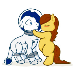 Size: 1200x1200 | Tagged: safe, artist:rhari, oc, oc only, oc:autumn, oc:starshine, earth pony, pony, astronaut, blushing, do not want, kissing, simple background, spacesuit, white background