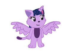 Size: 762x528 | Tagged: artist needed, safe, derpibooru import, twilight sparkle, twilight sparkle (alicorn), alicorn, cat, pony, bipedal, cheek fluff, looking away, ms paint, simple background, smiling, solo, species swap, spread wings, white background