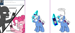 Size: 1808x800 | Tagged: safe, artist:dekomaru, pinkie pie, anon pony, oc, oc:nebula, pony, unicorn, ask, cellphone, colt, comic, magic, magical lesbian spawn, male, offspring, parent:trixie, parent:twilight sparkle, parents:twixie, phone, tumblr, tumblr:ask twixie